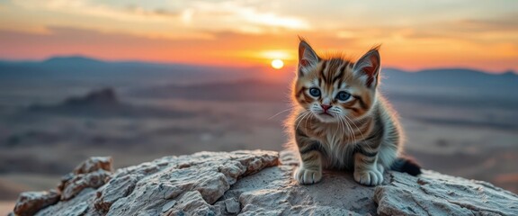 Obraz premium Grumpy kitten, sunset desert rock, vast landscape, majestic, nature