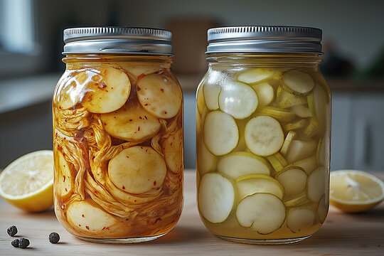 Mason jars containing preserved yellow vegetable slices