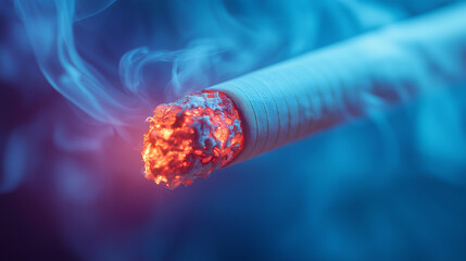 A glowing cigarette burns slowly, its embers bright in the dark. Tendrils of smoke rise and twist, creating a tranquil atmosphere, evoking a moment of reflection and solitude