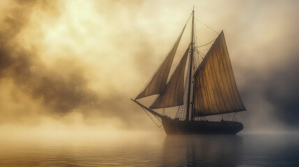 Fototapeta premium An antique sailboat drifting on a foggy lake is depicted in sepia daguerreotype style
