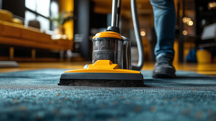 Fototapeta premium A man actively vacuums a carpeted floor using an industrial vacuum cleaner in a modern and well-lit interior setting. The focus is on maintaining cleanliness