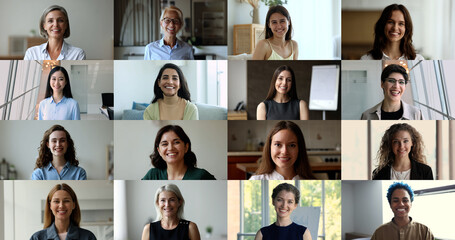 Group of young and middle-aged women look at camera, footage collage view. Beautiful faces of...