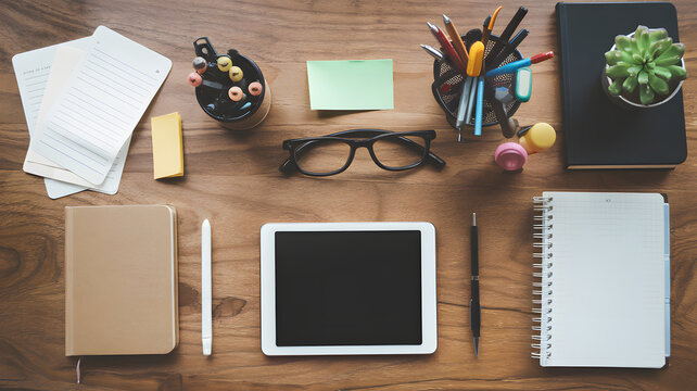 A neat desk with a tablet, a notebook, and office supplies.