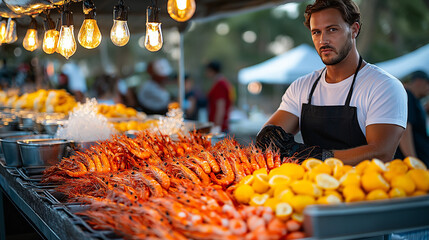 A vendor stands proudly behind a vibrant display of fresh shrimp and southern seafood, surrounded by bright lemons and excited patrons in the background at a lively market event