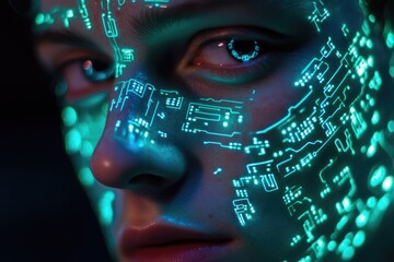 Close-up of a face with glowing circuit board patterns, futuristic and technological.
