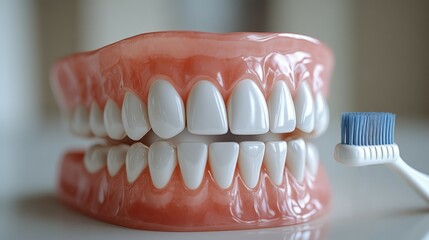 Obraz premium Model of human teeth with toothbrush on clean background for dental hygiene education