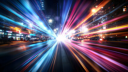 Fototapeta premium Dynamic City Street At Night With Light Trails In Motion Blur Effect With Colorful Vibrant Illumination