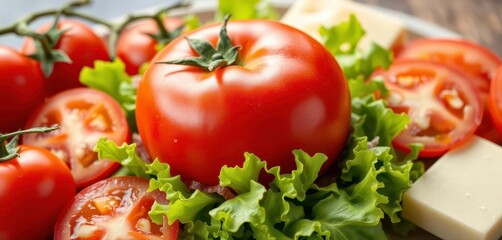 Juicy whole tomato sits atop crisp green lettuce, accompanied by sliced tomatoes and cheese, vegetable, ripe