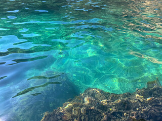 Sea turquoise blue surface with algae.