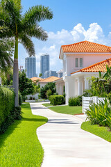 Fototapeta premium Luxury residential neighborhood with manicured landscaping, winding walkway, and beautiful homes
