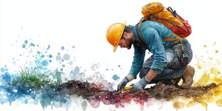 National Safe Digging Month. Hardworking construction worker gardening with vibrant artistic background - Powered by Adobe