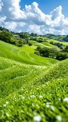 Lush green hills dotted with small white flowers under a bright partly cloudy sky