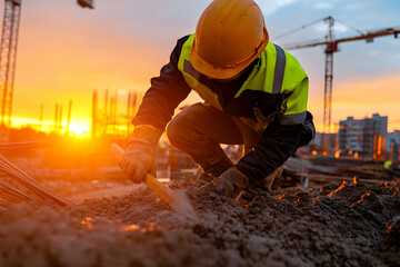 Fototapeta premium Construction worker meticulously prepares ground at sunset