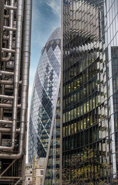 Modern skyscrapers including the Gherkin and Lloyds Building, City of London, London, England, UK