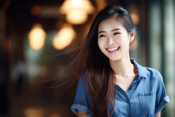 Obraz premium Portrait of beautiful Asian woman with charming smile and long dark hair on blurred background