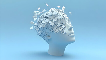 Photo of a head with puzzle pieces falling into it on a blue background.