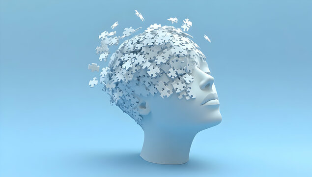 Photo of a head with puzzle pieces falling into it on a blue background.