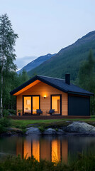 Fototapeta premium Cozy modern cabin nestled by a serene lake at dusk