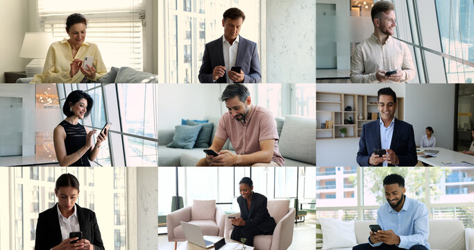 Different age and race people using smartphone, collage view. Young and mature businessmen, housewife and businessladies holding modern cellphone to solve business, search information, chat on-line