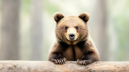 Obraz premium Cute baby brown bear peering over a log
