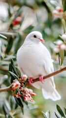 Fototapeta premium White dove perched on blossom-laden branch in lush greenery. World Peace and Understanding Day
