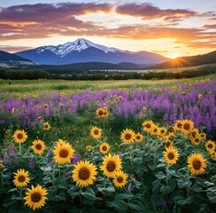 Obraz premium Majestic Mountain Landscape with Vibrant Sunflowers and Purple Wildflowers Under a Stunning Sunset Sky in a Serene Natural Environment