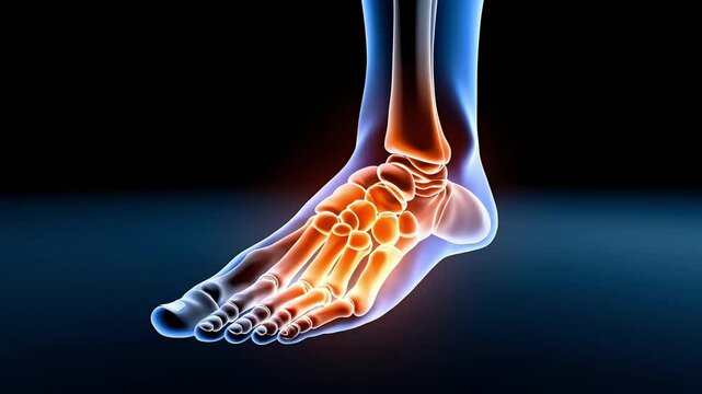 Medical figure depicting of left foot ankle pain with red highlights marked the inflammation or inflamed joint, bone scan model 3D rendering graphic for analysis