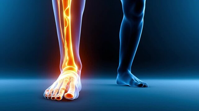 Medical figure depicting of right leg and foot pain with red highlights marked the inflammation or inflamed joint, bone scan model 3D rendering graphic for analysis