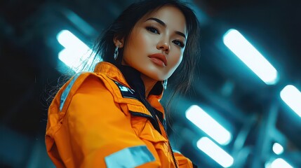 Portrait of a woman in an orange work suit, standing confidently in a well-lit industrial setting