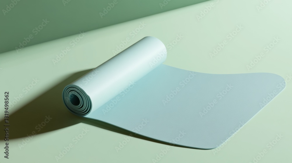 Poster minimalistic yoga mat arranged diagonally on a light backdrop with muted tones highlighting spacious