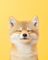 Obraz premium Cute fox puppy with closed eyes against a bright yellow background