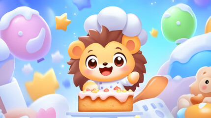 Fototapeta premium Cute hedgehog chef baking a birthday cake in a vibrant, playful scene