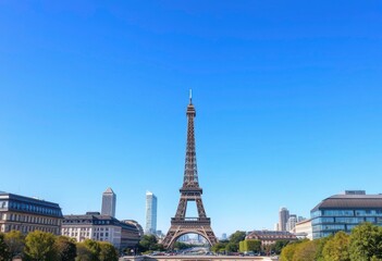 Fototapeta premium Paris skyline, modern architecture, clear blue sky, wide angle view, steel, horizon