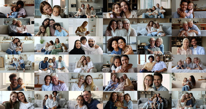 Happy family Day celebration, close up faces, portraits of young and old people, enjoy good warmth relation, hugging, feeling unconditional love smiling looking at camera, collage view. Video call app
