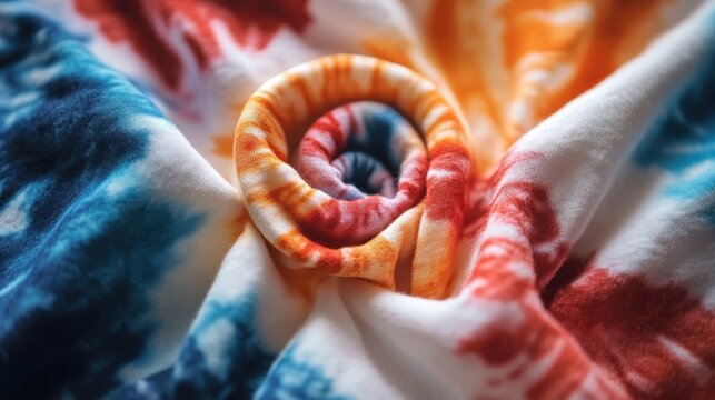 Colorful tie dye fabric swirl in vibrant blue, orange, and red patterns for textile design. National Tie Dye Day