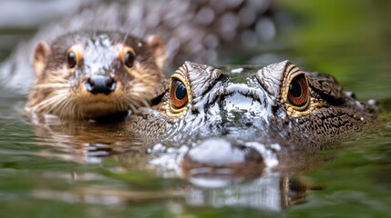 Fototapeta premium Otter and alligator eyes above water in nature. American Wetlands Month