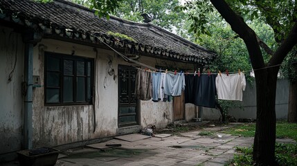 Serene chinese home with clothesline traditional courtyard photography tranquil environment outdoor viewpoint