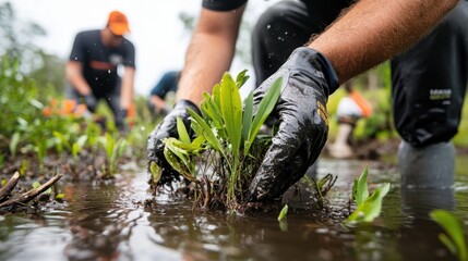 Hands planting seedlings in wetland conservation project outdoors. American Wetlands Month