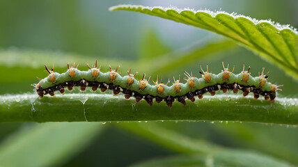 Naklejka premium Spiky Green Caterpillar Crawling on a Leaf