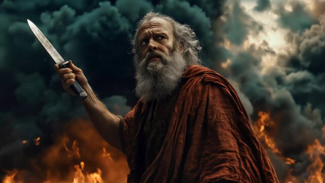 A dramatic scene of Abraham raising a knife, prepared to sacrifice Isaac