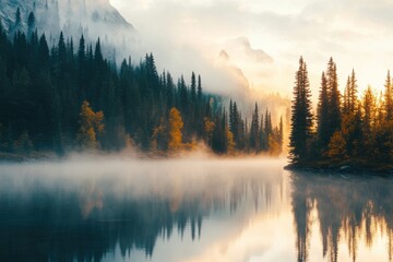 Fototapeta premium A serene mountain lake at sunrise with mist rising from the water