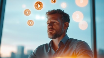 businessman examines digital pad with blockchain chain icons floating above representing future of finance