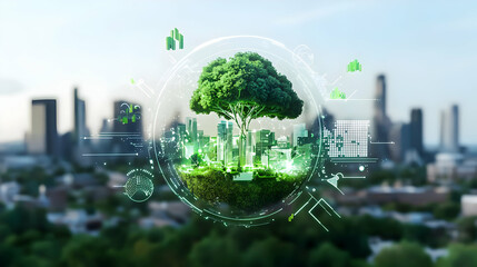 Green Eco City With Lush Vegetation Inside A Transparent Globe Against Blurred Cityscape Green Sustainable Urban Development Concept Promoting
