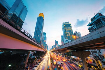 Obraz premium bustling metropolis cityscape viewed from elevated perspective with skyscrapers and mix of modern architecture busy