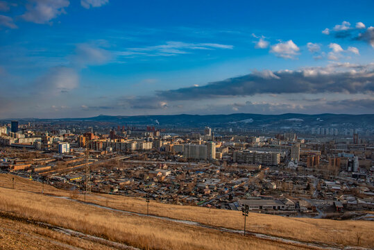 City skyline with a mountain backdrop, Krasnoyarsk, Siberia, Russia