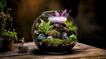 Miniature plant terrarium showcase indoor setting nature photography cozy atmosphere close-up view green living concept