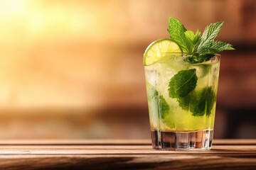 classic mojito cocktail in rustic glass with mint sprig and lime wedge on wooden bar counter