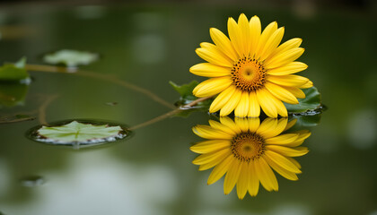 A vibrant yellow daisy is reflected in the calm and clear water of a tranquil pond, creating a beautiful and harmonious image of nature's beauty.