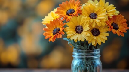 Vibrant bouquet of orange and yellow flowers in a mason jar
