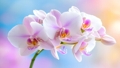 Delicate, pastel-hued orchids in soft focus
